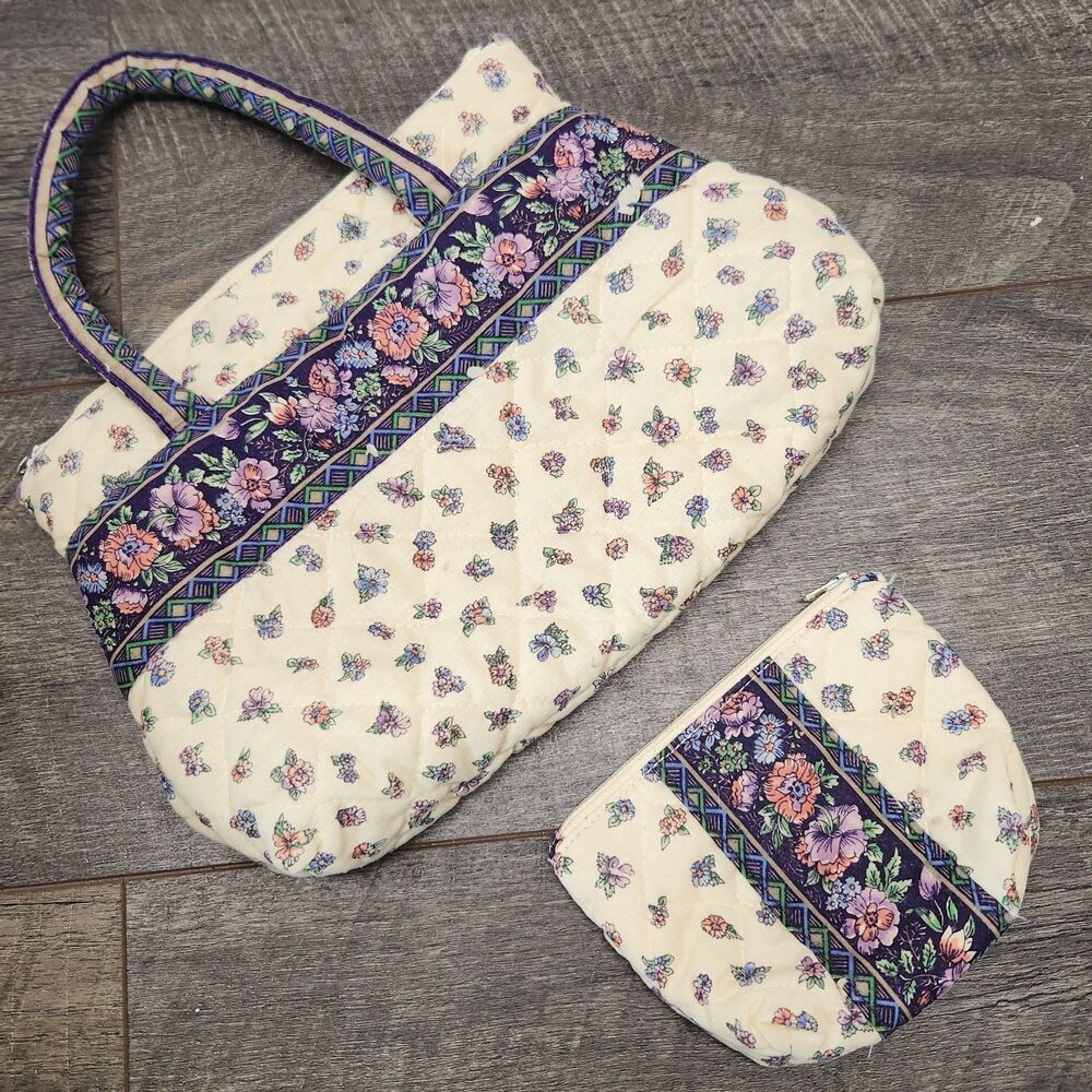 Vintage Floral Quilted Purse Shoulder Bag With Make Up Bag